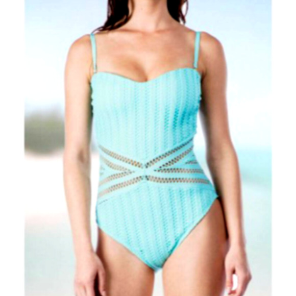 Kenneth Cole Open Crochet Sexy Slimming One Piece Swimsuit Aqua Blue XL NWOT - Picture 3 of 4